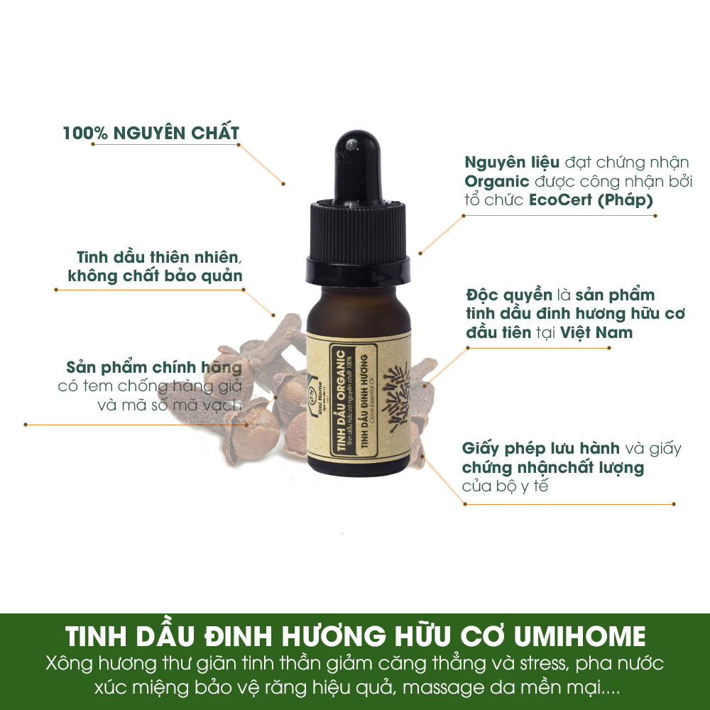 Tinh Dầu Đinh Hương Nguyên Chất UMIHOME (10ml) - Sủ dụng cho đèn xông hương, hỗ trợ giảm đau xương khớp cảm lạnh