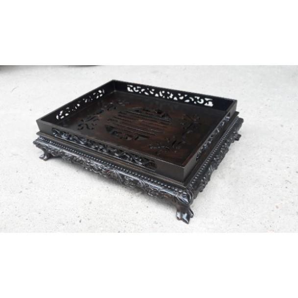 Khay trà chân quỳ trạm rồng gỗ mun hoa