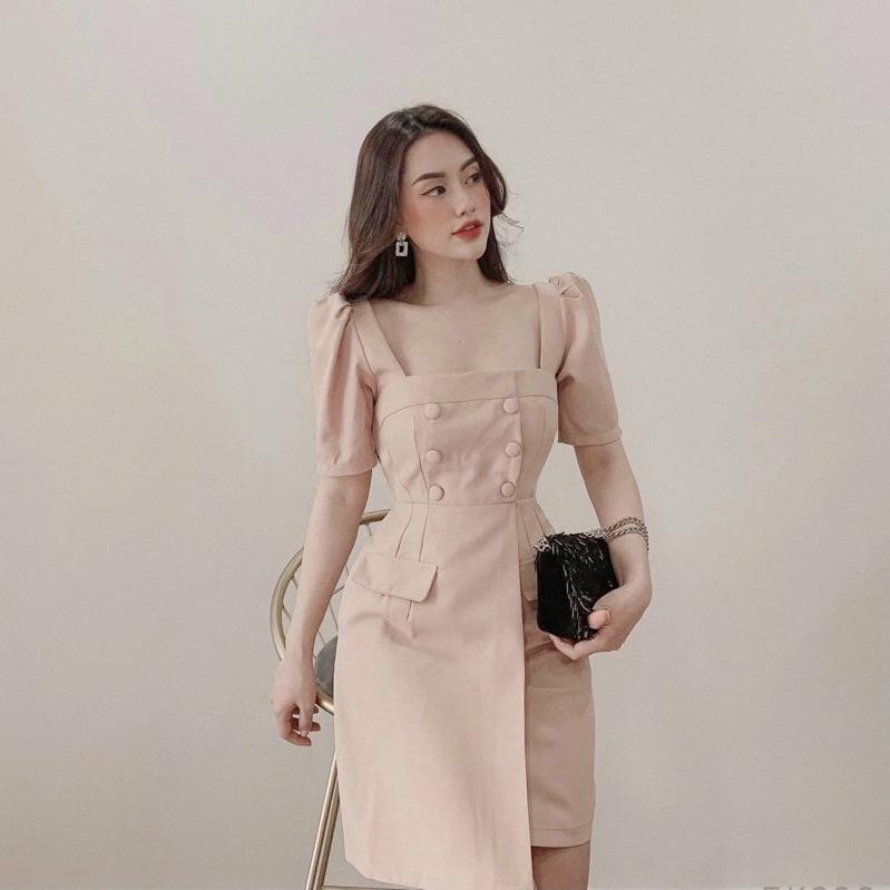 Đầm suông thời trang công sở form dáng chuẩn, dễ mặc dạo phố, đi làm hay du lịch đẹp Đầm cổ vuông nút bọc 2 màu