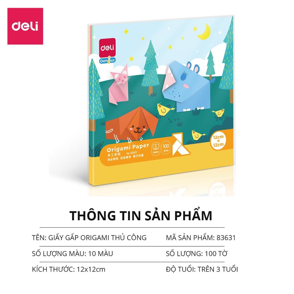 Giấy thủ công 100 tờ học sinh nhiều kích cỡ Deli - Có khổ A4 , giấy gấp origami , giấy gấp hạc hoa động vật - 83631 / 83632 / 83633 / 83634