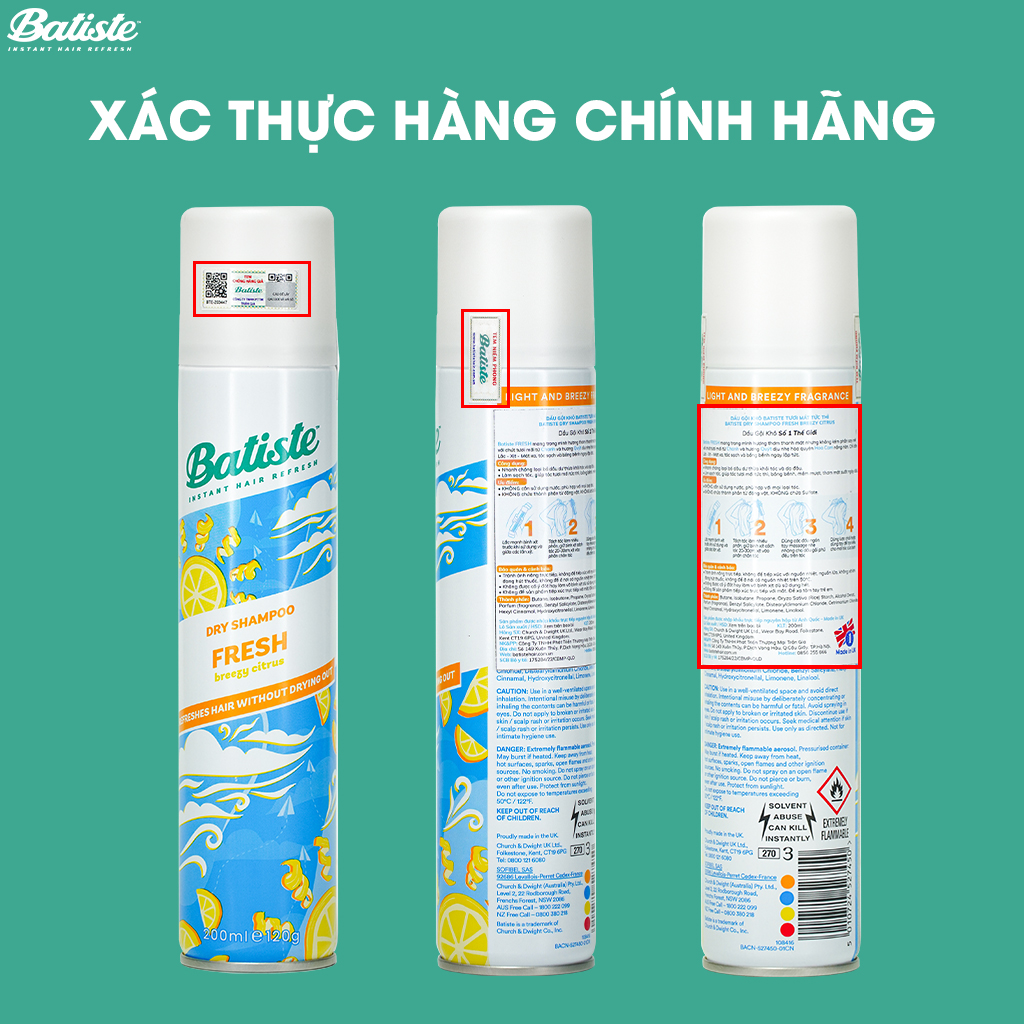 Dầu Gội Khô Batiste Tươi Mát Tức Thì - Batiste Dry Shampoo Light &amp; Breezy Fresh 200ml