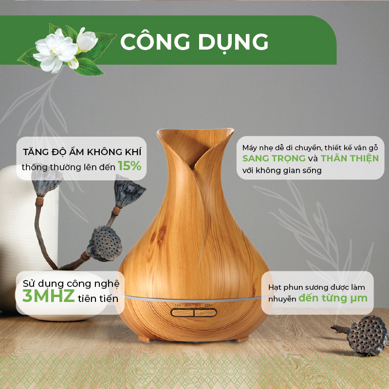 Máy khuếch tán Tinh Dầu 24Care Tulip màu Vàng Ultrasonic 500ml, Tặng 2  Chai Tinh dầu Sả Chanh + Bạc Hà 24Care 10ml | Xông Phòng | Kèm Remote Điều Khiển |Công nghệ siêu âm tiên tiến.