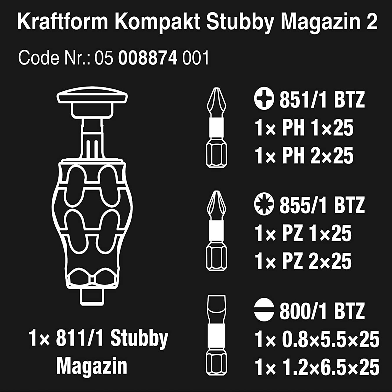 Dụng cụ mở vít Wera 05008874001 Kraftform Kompakt Stubby magazine 2 gồm 6 cái, dẹp, Pz và 4 cạnh.