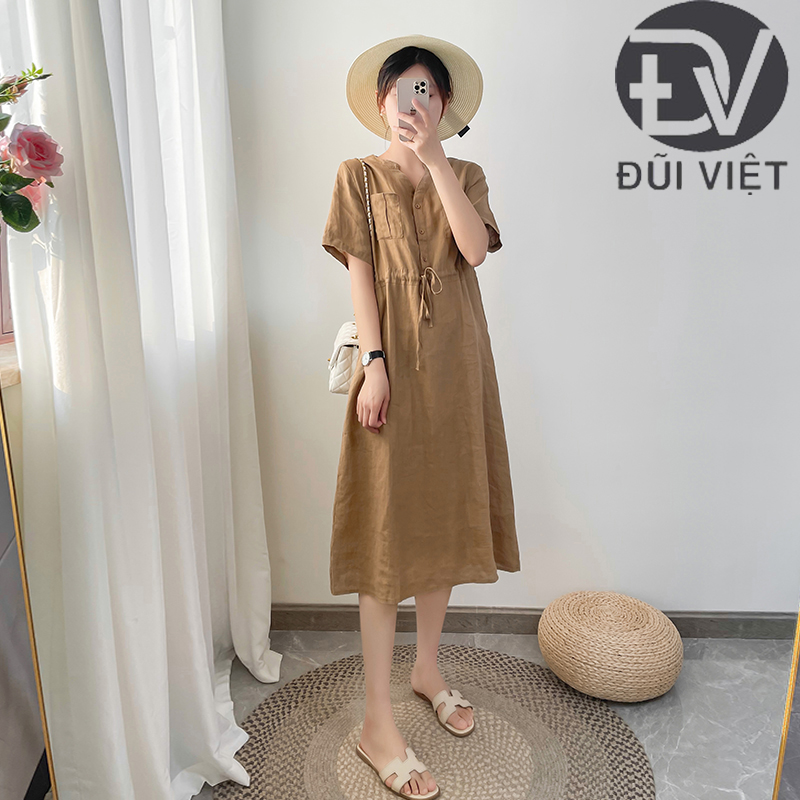 Đầm hè nữ linen suông cổ trụ tay cộc túi bổ trước, chất vải linen mềm mát Đũi Việt