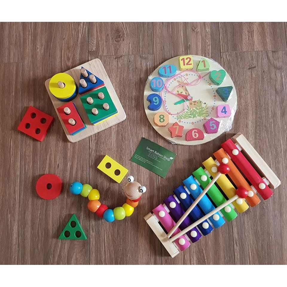 Combo 4 món đồ chơi gỗ cho bé gồm đàn gỗ 8 âm, đồng hồ xâu dây, trụ thả hình, sâu gỗ  bé học màu sắc hình khối tư duy