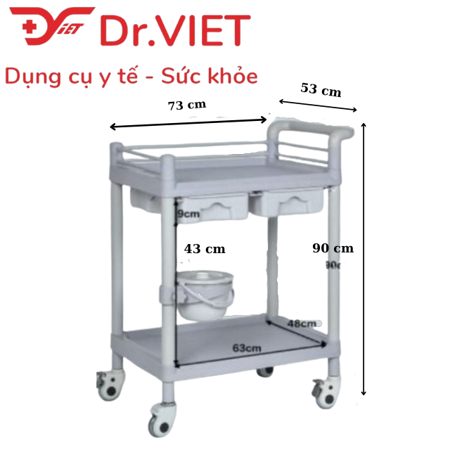 Xe đẩy dụng cụ tiêm nhựa ABS. Loại 2 tầng cỡ lớn, 2 hộc kéo, 1 chậu (L)