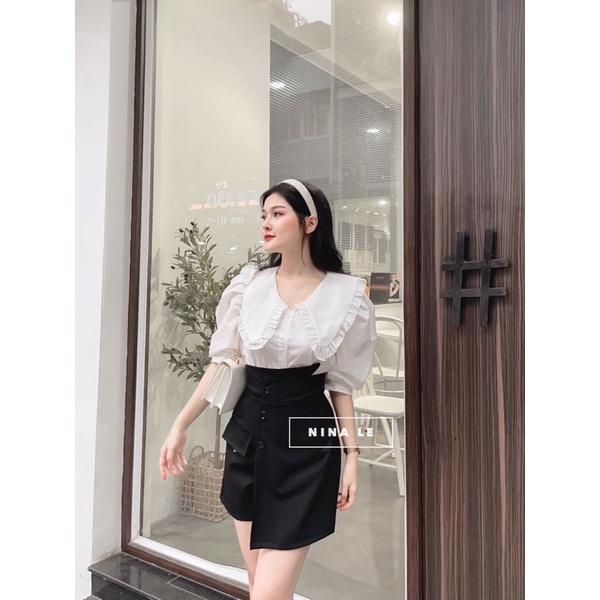 Set áo bèo trắng + chân váy đe vạt lệch siêu cá tính