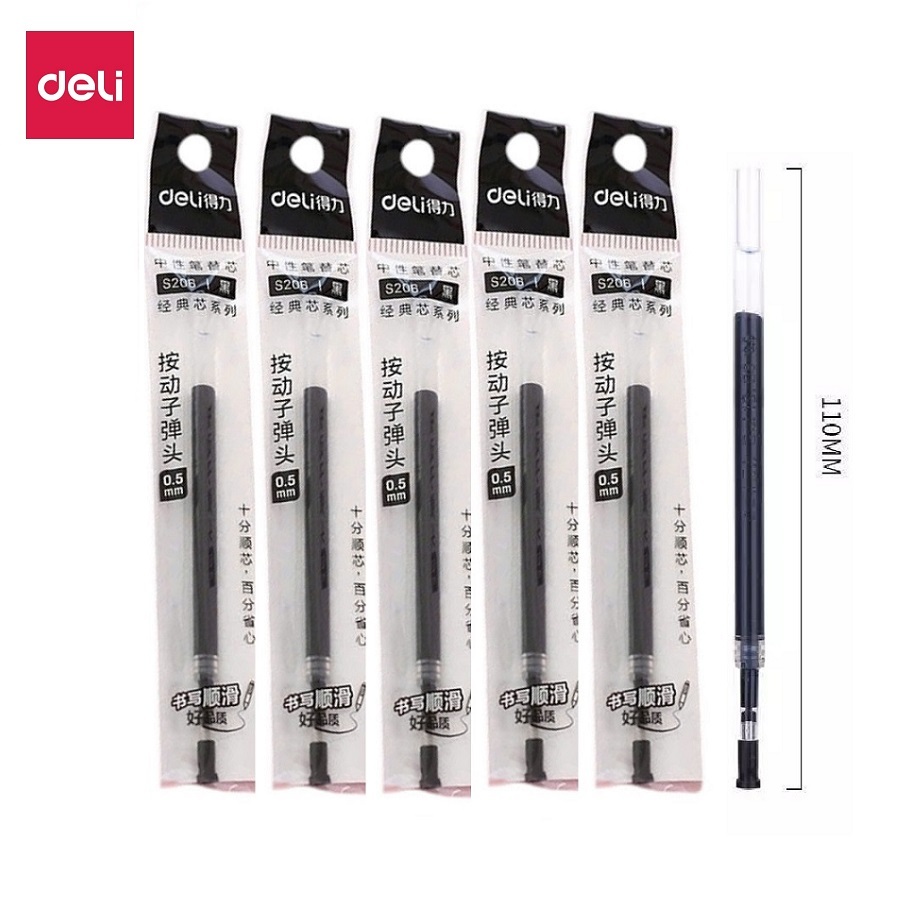Hộp 6 bút gel nước học sinh mực đen ngòi 0.5mm Deli S60-6 / Bút gel Deli S60 ruột thay S206