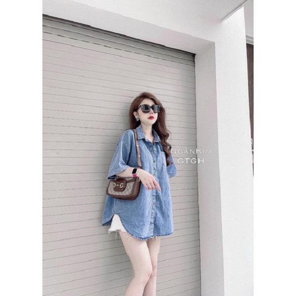 Áo sơ mi jean cộc tay Quảng châu CO GIÃN oversize cho nữ ATN772