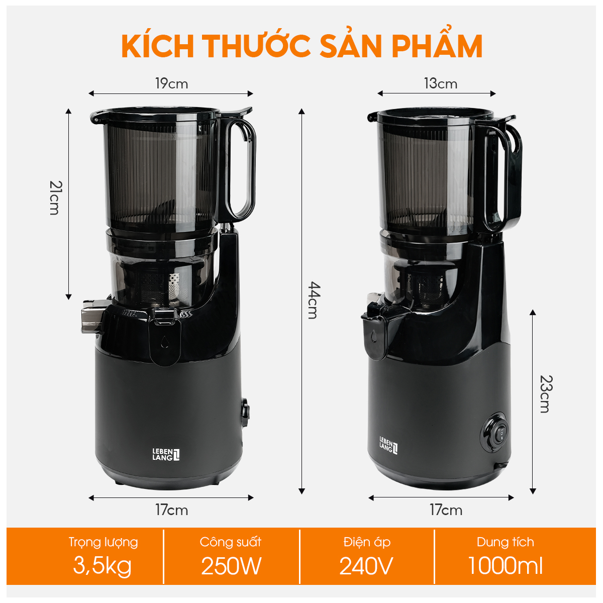 Máy ép chậm Lebenlang LBL3077, công suất 250W, dung tích 1000ml, ép kiệt bã, giữ trọn dinh dưỡng, bảo hành 2 năm - hàng chính hãng