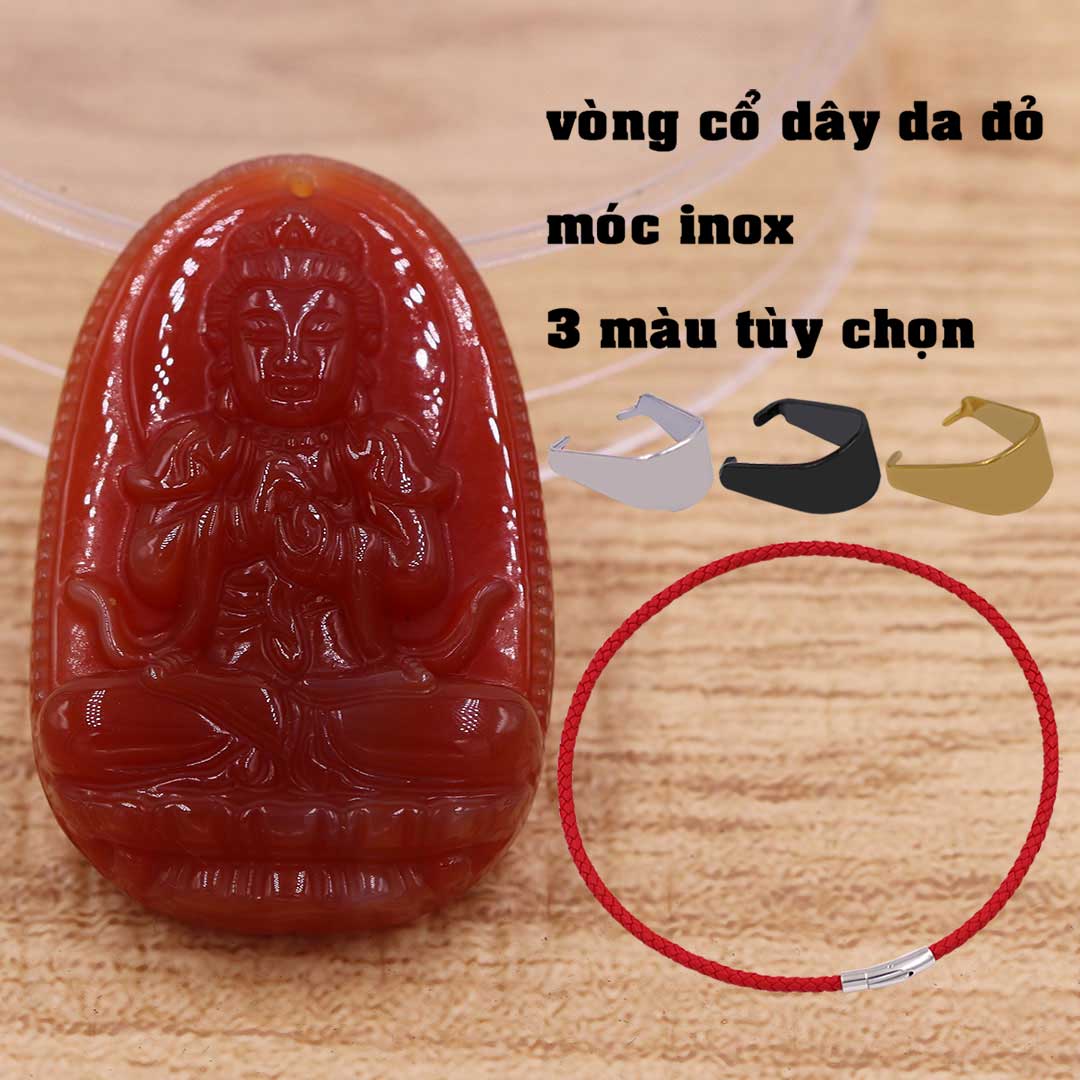 Mặt Phật Đại nhật như lai mã não đỏ kèm vòng cổ dây da đỏ + móc inox vàng, mặt dây chuyền Phật bản mệnh, vòng cổ mặt Phật