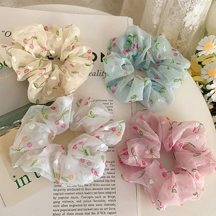 Sét 2 dây buộc tóc voan cherry Scrunchies tinh tế vòng lớn HD43