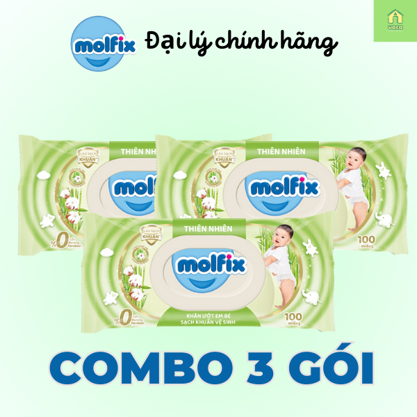 Combo 3 gói khăn ướt Molfix thiên nhiên sạch khuẩn vệ sinh 100 tờ