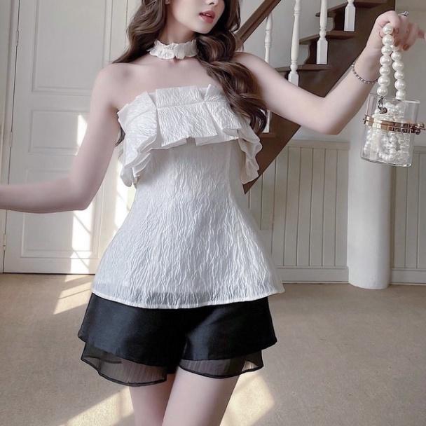 Áo bèo cúp ngực tafta gân cao cấp có mút ngực choker xếp ly trắng trễ vai ivy.fashion đi biển dự tiệc dạo phố bigsize