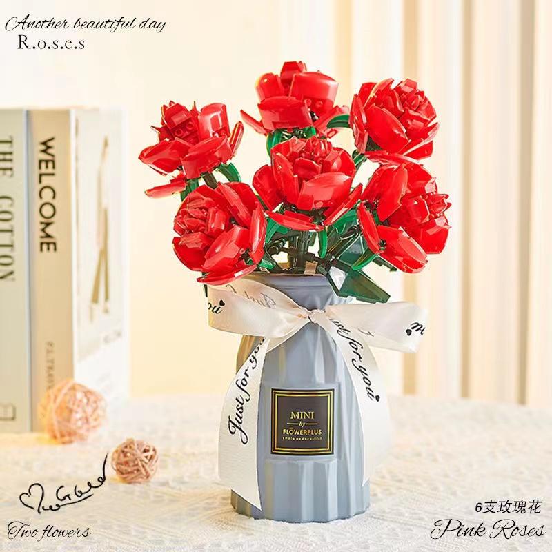 Đồ chơi bó hoa đa sắc Flower Bouque decor trang trí bộ xếp hình lắp ráp quà tặng bông hồng tình yêu