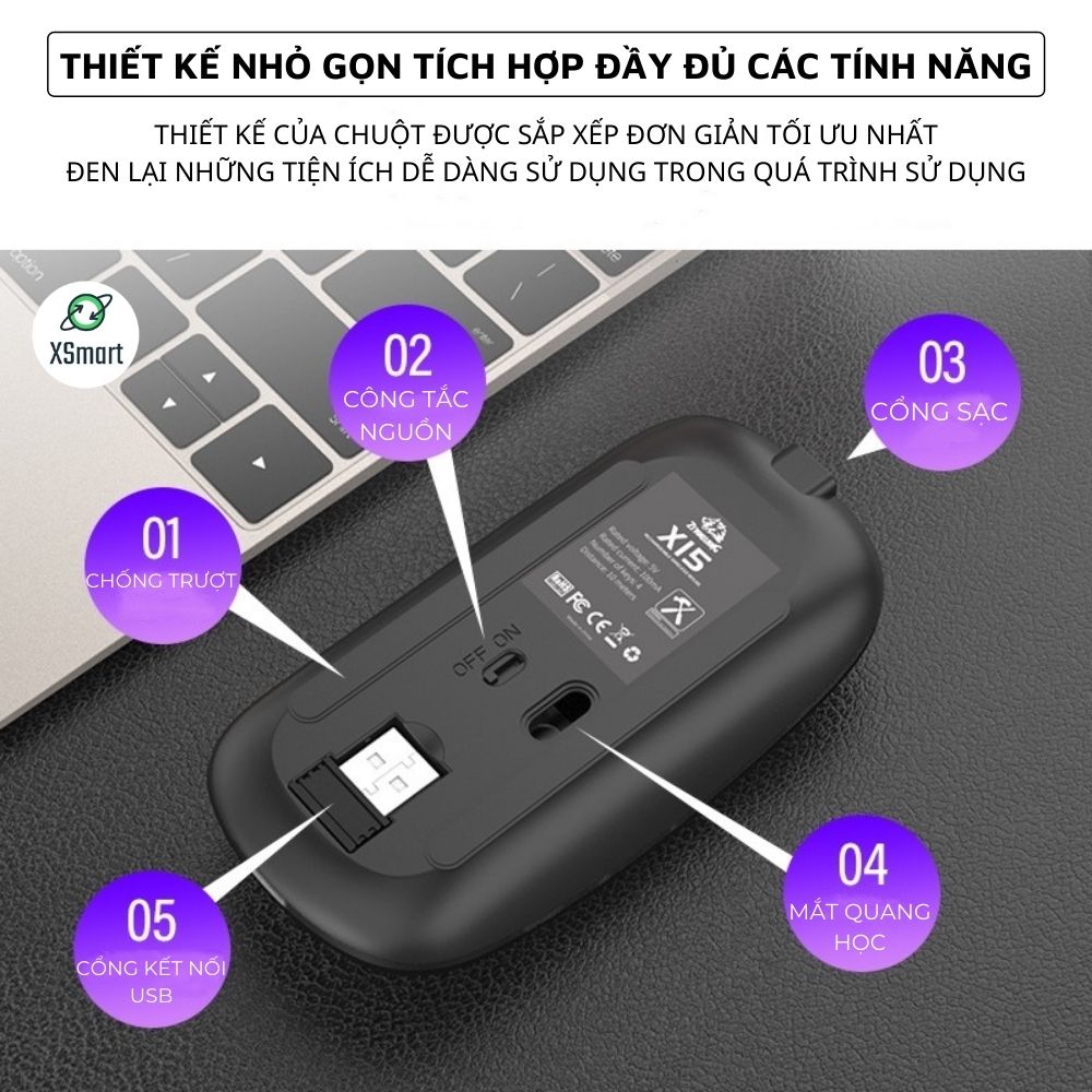 Chuột Bluetooth Không Dây Cao Cấp XSmart X15 LED RGB, Thiết Kế Mỏng Đẹp Hiện Đại 2023, Pin Sạc Lithium Dùng Siêu Trâu, Trang Bị Bluetooth 5.0 Tương Thích Với Các Dòng Điện Thoại, Laptop, Ipad - Hàng Chính Hãng