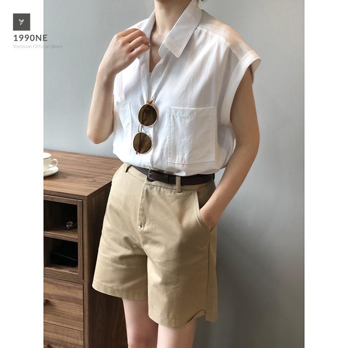 Áo sơ mi thô Linen nữ form rộng cổ bẻ 2 túi ngực trẻ trung LAHSTORE, thời trang phong cách Hàn Quốc