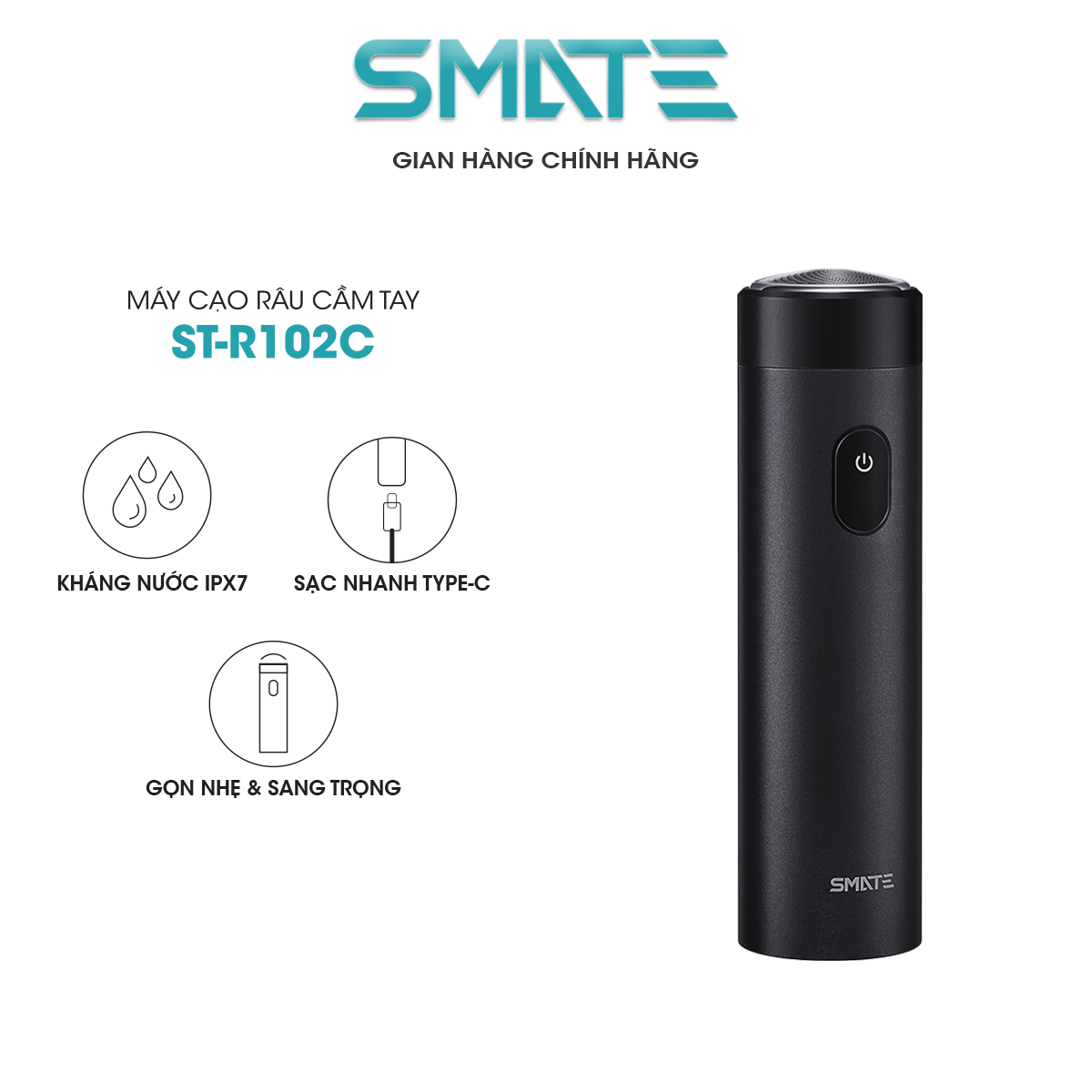 Máy Cạo Râu Mini Smate ST-R102C, Lưỡi Cạo Xoáy 3 Lá, Vỏ Kim Loại Sang Trọng, Sạc Nhanh Type-C, Full Kháng Nước IPX7, Hàng Chính Hãng