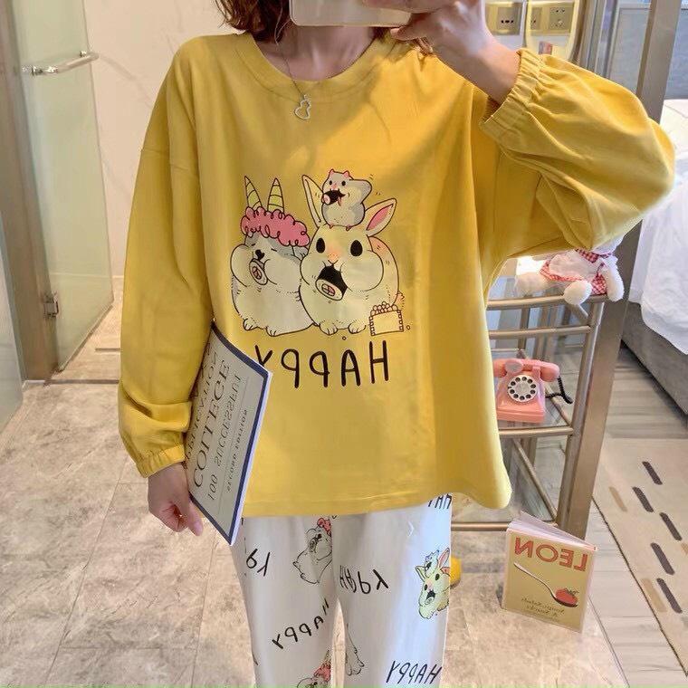 Đồ bộ nữ dài tay, Đồ bộ thu đông dài tay, Đồ bộ mặc ở nhà cho nữ, Đồ bộ ngủ thun dành cho nữ MÀU VÀNG HAPPY CỰC HOT