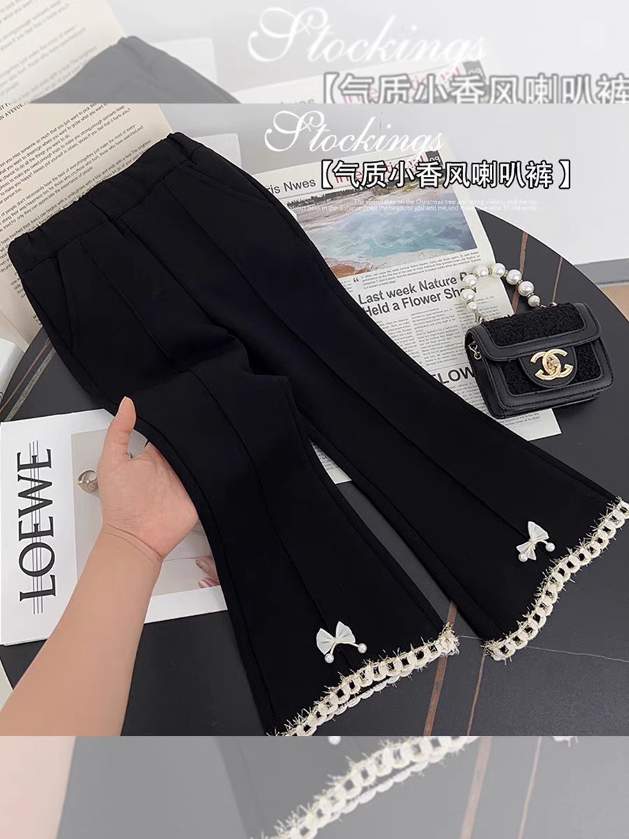 Quần dài bé gái ống loe 3-7 tuổi họa tiết viền gấu lấp lánh đính nơ kiểu dáng thời trang dễ thương