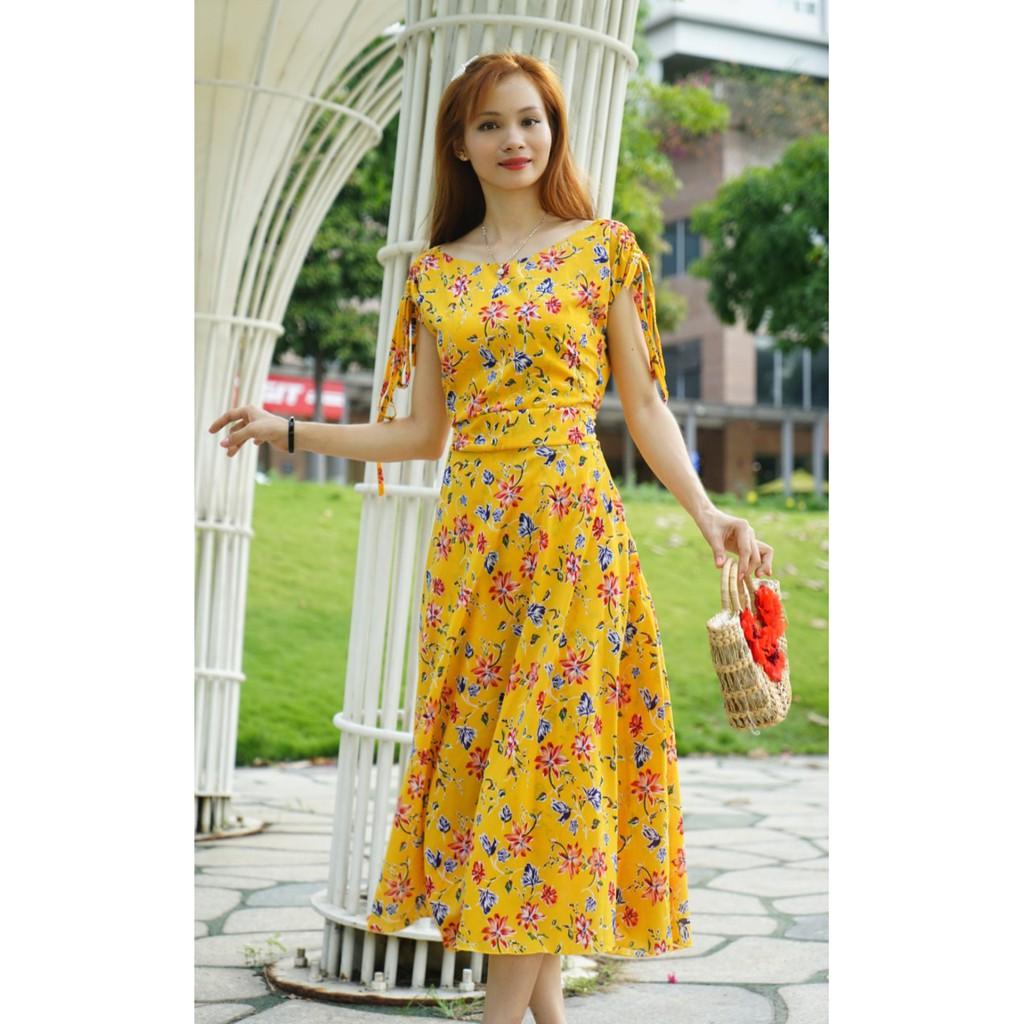 Đầm maxi form lửng hoa vàng rút vai cực xinh