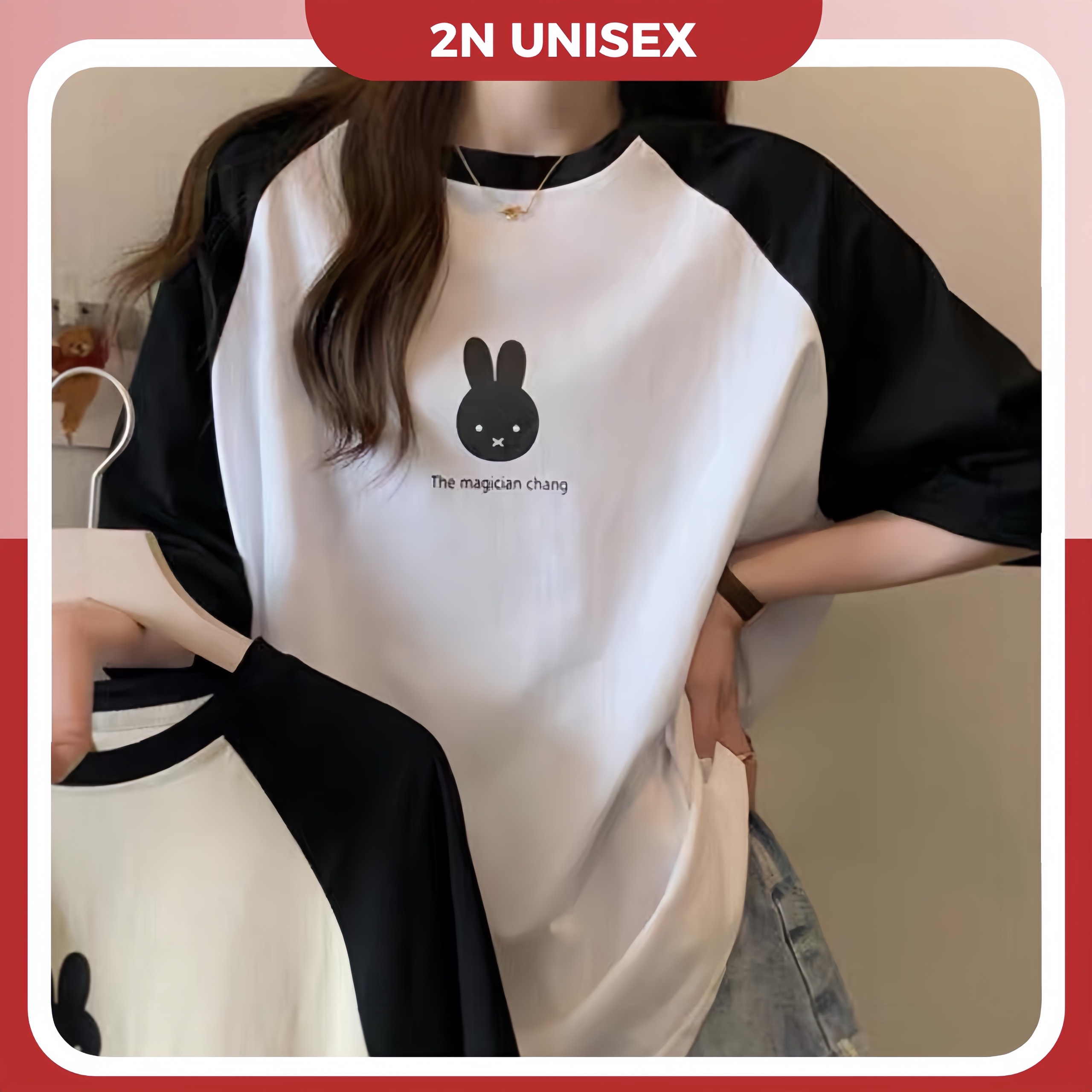 Áo phông nam nữ form rộng 2N Unisex thun cotton in hình thỏ raglan màu trắng/xám đất