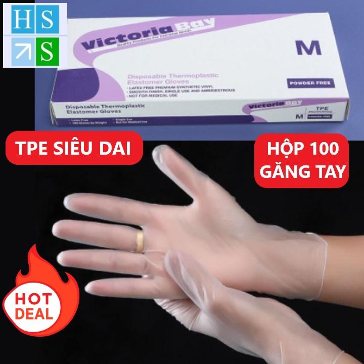 Hộp 100 Găng tay cao su VictoriaBay làm bếp vệ sinh siêu dai chất liệu TPE không mùi  -