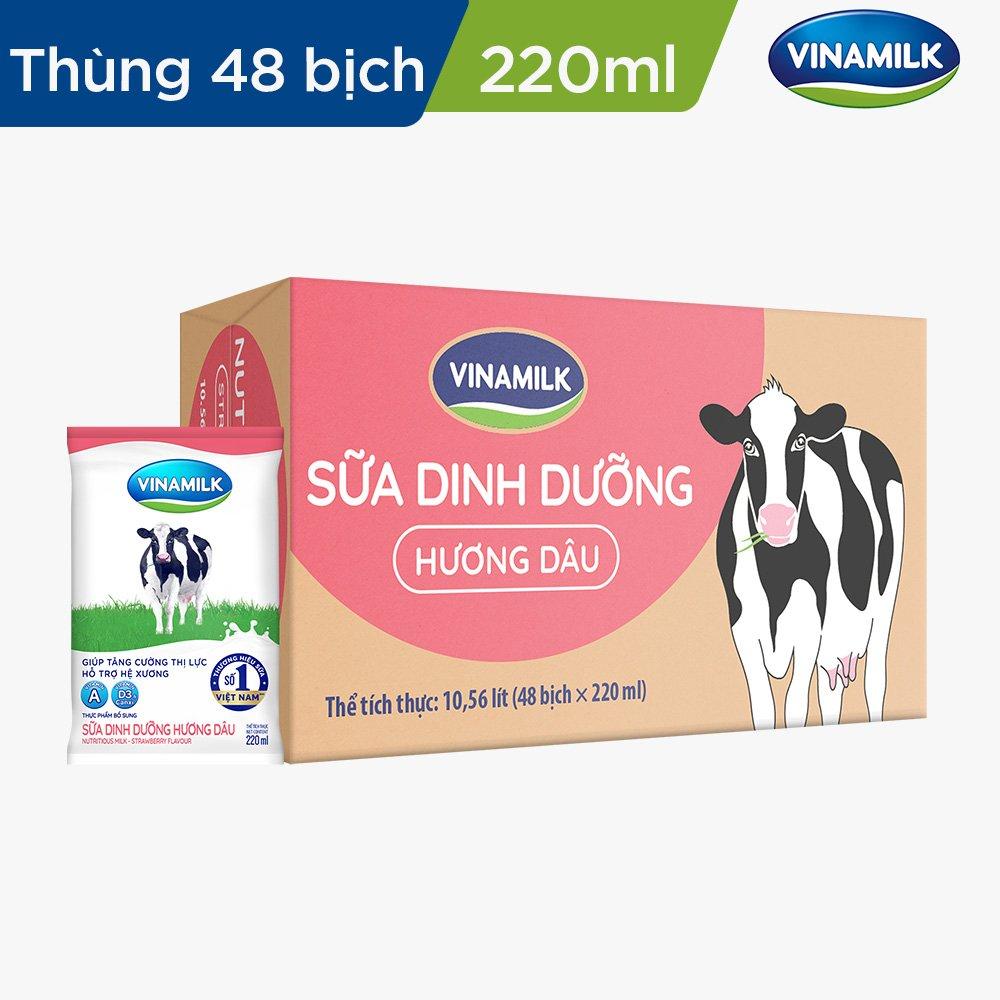 Thùng 48 bịch sữa dinh dưỡng Vinamilk hương dâu - 220ml x 48 bịch