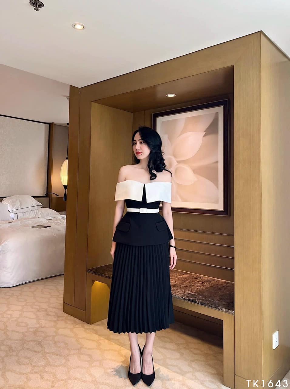 Áo peplum trễ vai kèm belt túi nắp hàng thiết kế cao cấp