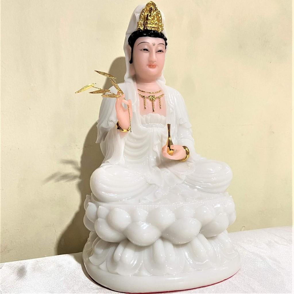 Tượng Phật Quan Âm Đá Trắng Ngọc Cao 30cm