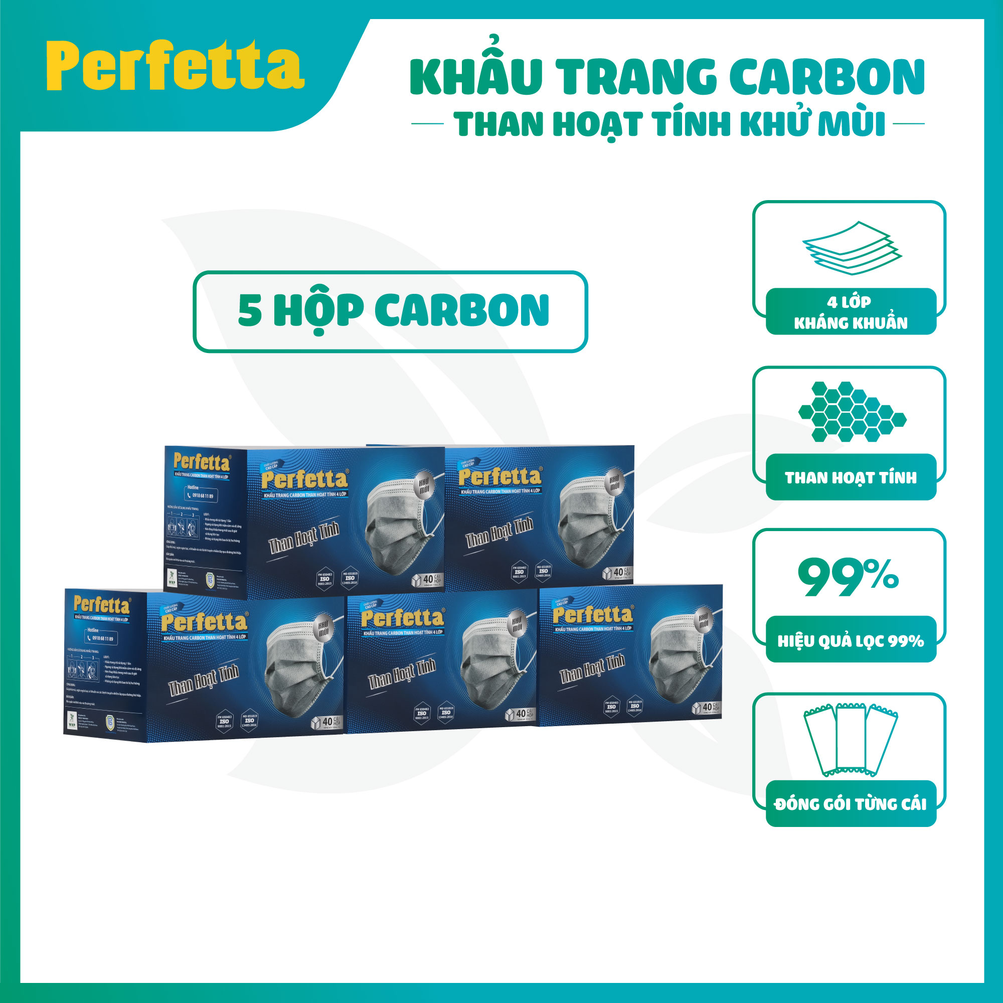5 hộp khẩu trang 4 lớp Perfetta carbon than hoạt tính (40 cái/hộp) - Hàng chính hãng