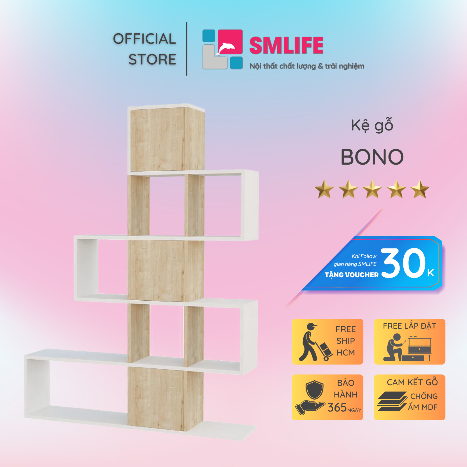 Giá sách gỗ công nghiệp thiết kế đẹp hiện đại SMLIFE Bono