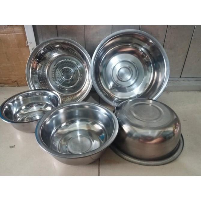 Bộ thau rổ 5 món inox+ tặng kèm 100 găng tay làm bếp
