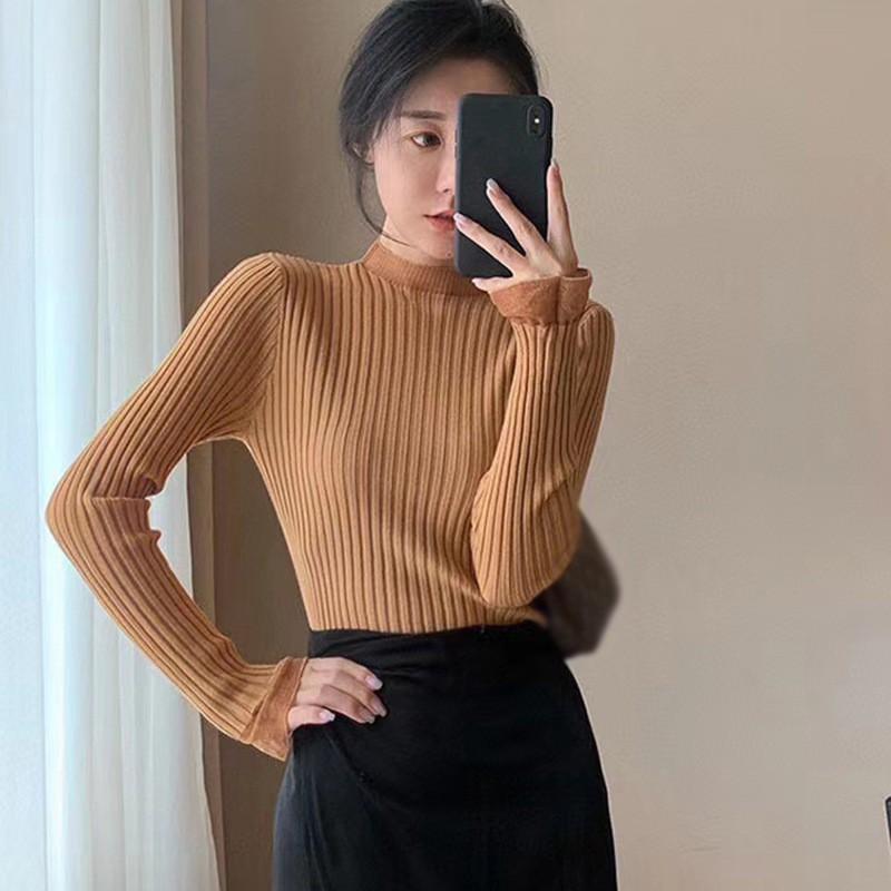 Áo dệt kim màu trơn cổ tròn phối ren kiểu tay dài trẻ trung xinh xắn