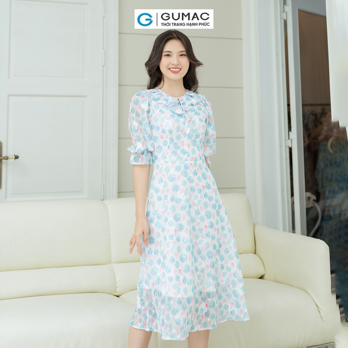 Đầm hoa cổ bèo GUMAC DD08027