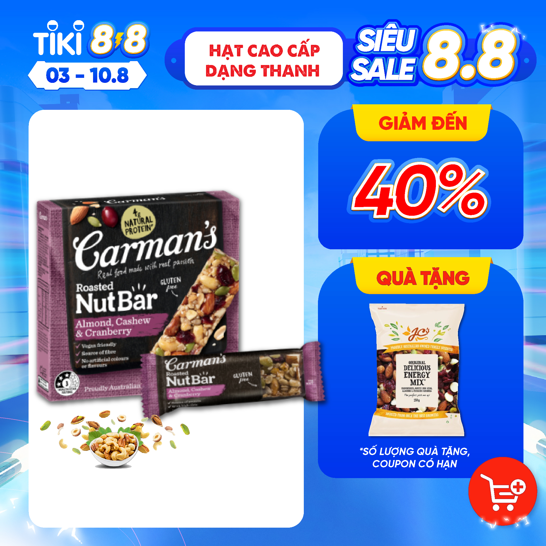 Thanh Hạt Carman's Nut Bar Hạnh Nhân, Hạt Điều, Nam Việt Quất - 175g