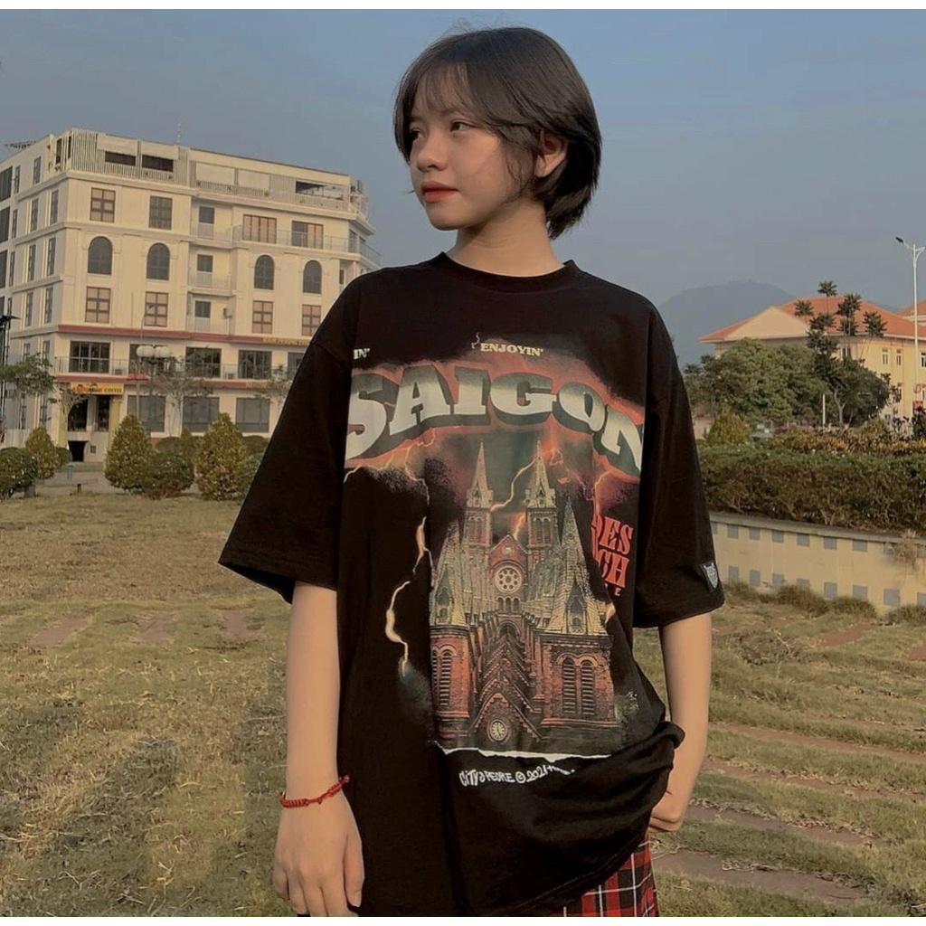Áo thun tay lỡ unisex Saigon đầy đủ tem cổ tag tay Hany shop