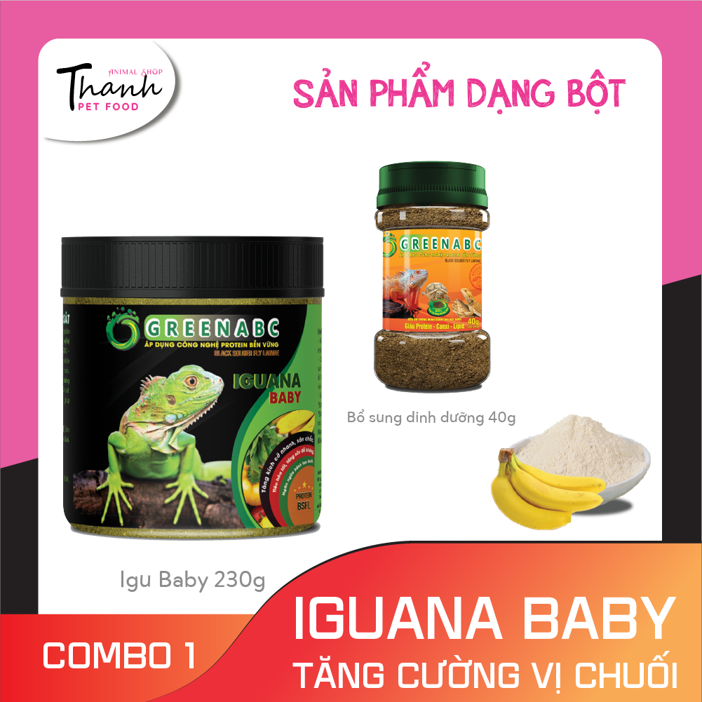 Thức ăn bò sát Iguana Baby của nhãn GREENABC vị chuối dùng cho Iguana từ mới nở cho đến 9x - Tăng trưởng nhanh, lên màu đẹp, phòng chống MBD, teo đuôi – Hộp 230g