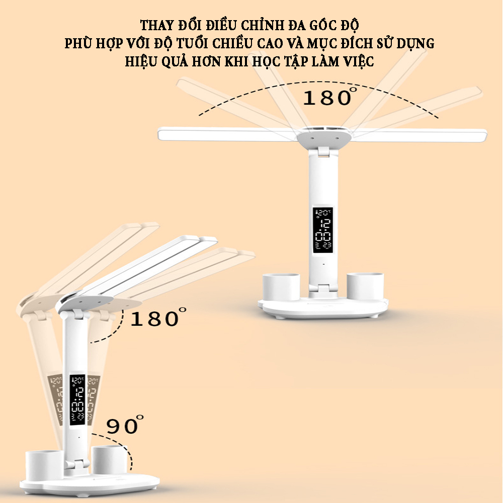 Đèn bàn học bảo vệ mắt ánh sáng 3 màu có thể tăng giảm độ sáng, dung lượng pin 3200mA tích hợp đồng hồ xem giờ hiển thị nhiệt độ ngày tháng