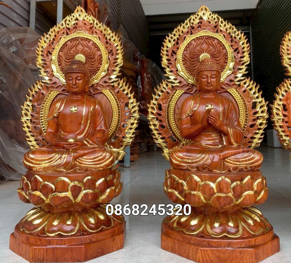 Bộ tượng thất phật được sư bằng gỗ hương đá kt cao 40×20cm +lá chắn hào quang cao tổng 54cm