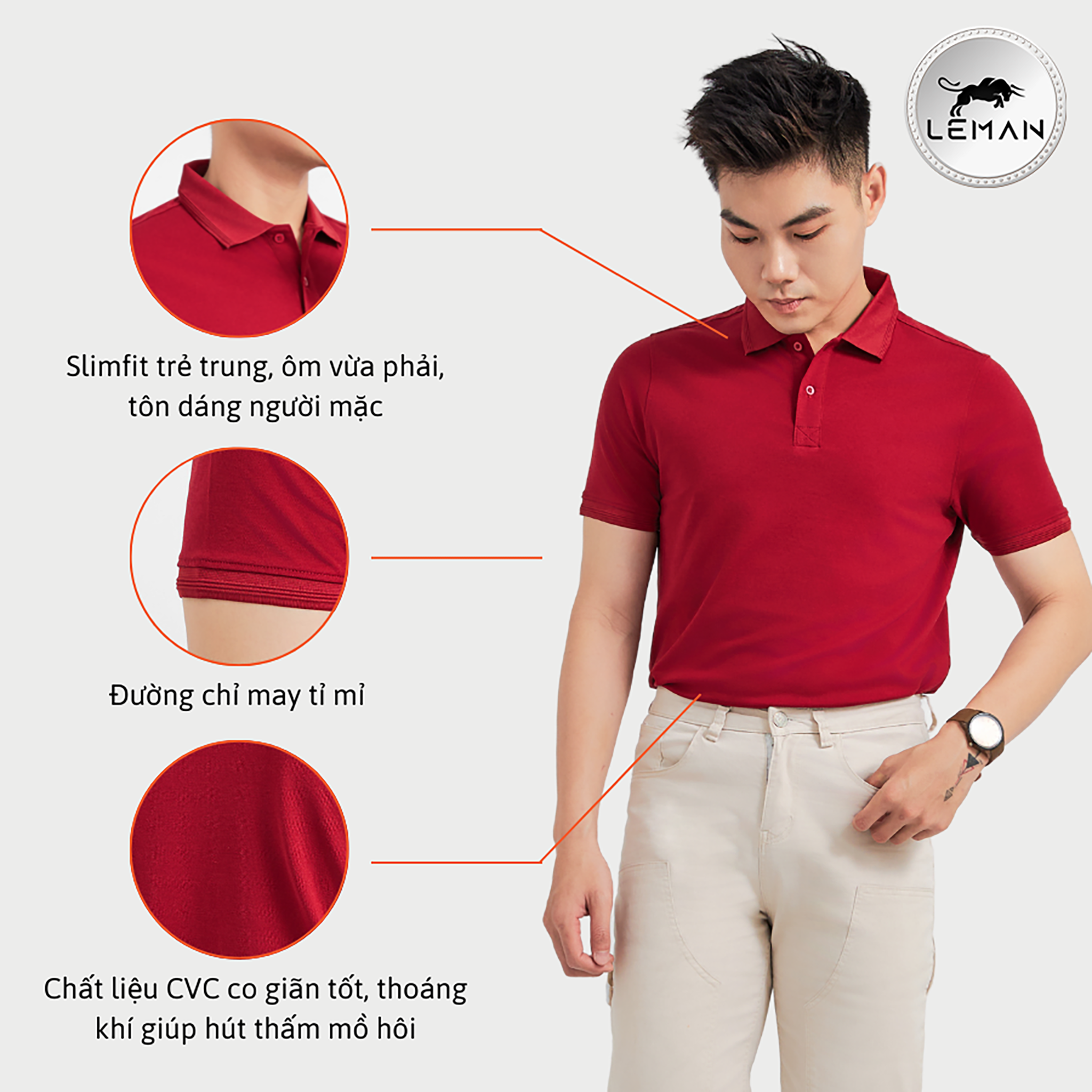 Áo thun polo nam Leman PL061 vải CVC Premium Pique Phom Slimfit tôn dáng