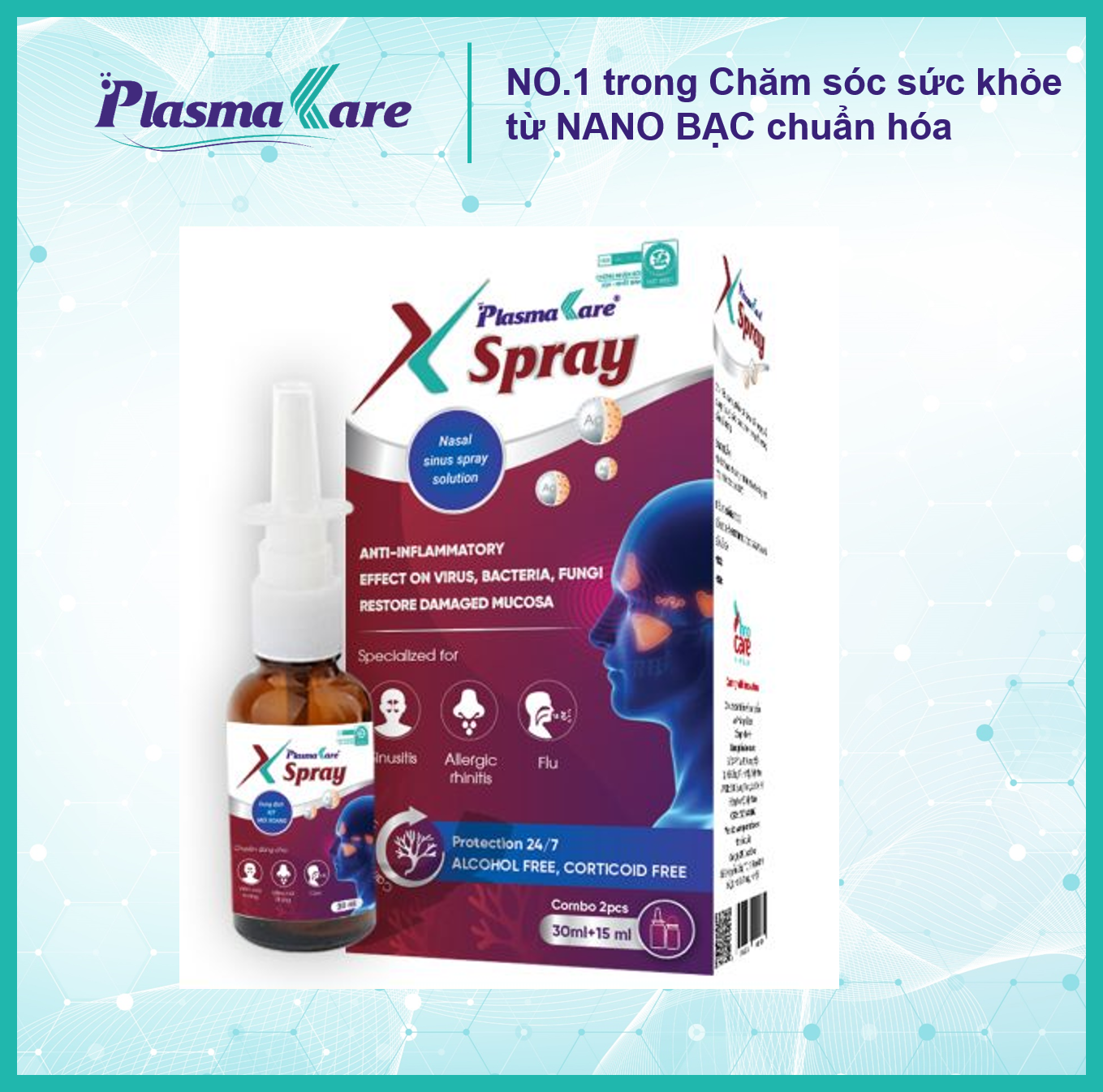 Dung dịch xịt mũi xoang nano bạc PlasmaKare X - Spray chuyên cho viêm xoang cấp và mạn tính, viêm mũi dị ứng, giảm hoặc mất khứu giác