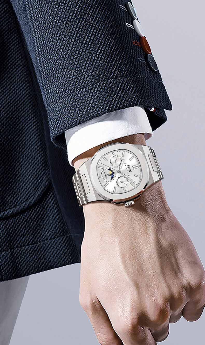 Đồng hồ nam chính hãng I&W CARNIVAL 55886G-5 mặt trắng size mặt 42mm,kính sapphire ,chống nước 50m,dây thép không gỉ