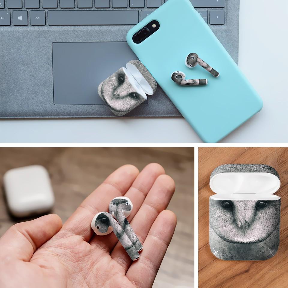 Miếng dán skin cho AirPods in hình cú mèo - giả sơn mài - GSM069 (AirPods ,1 2, Pro, TWS, i12)