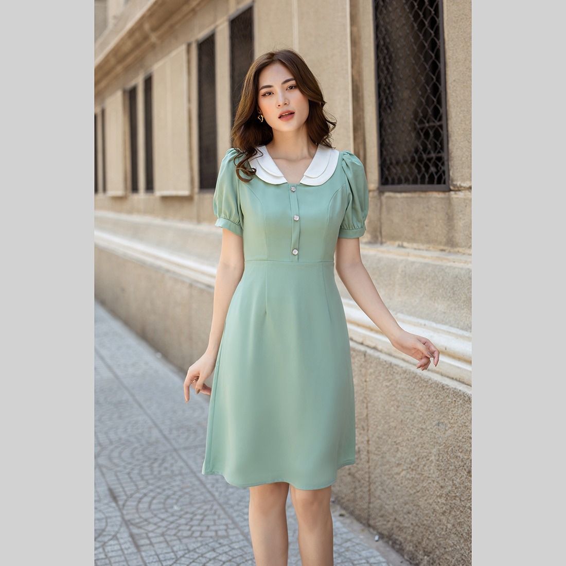 Đầm công sở chữ a tay phồng thời trang Eden - D495