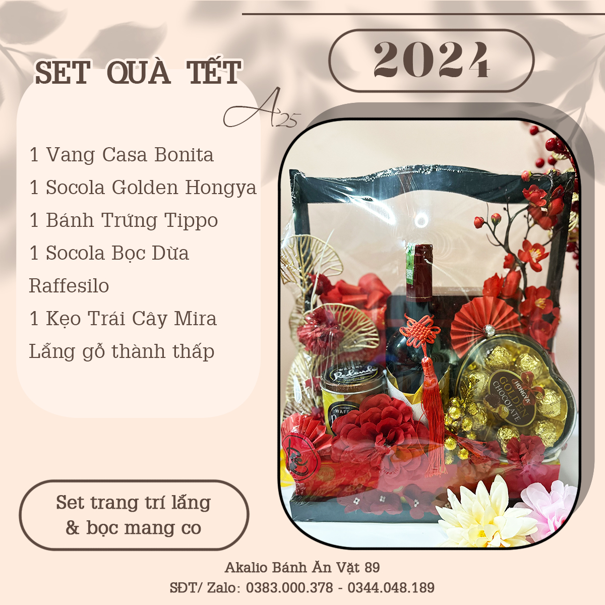 Set Lẵng Gỗ Quà Tết Sang Trọng Thích Hợp Để Biếu Tặng Dịp Năm Mới Có Vang Đỏ, Bánh Kẹo, Trà