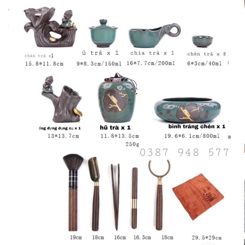 Bộ ấm chén pha trà đẹp cối xayTử sa gốm sứ cao cấp, 18 chi tiết chú tiểu màu xanh-M04