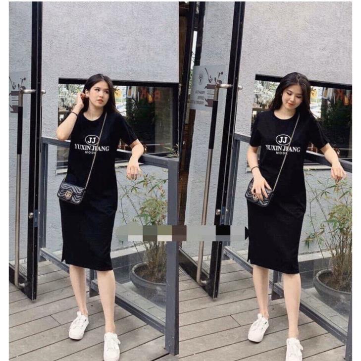 Váy suông xẻ tà in chữ JJ hot hit chất cotton