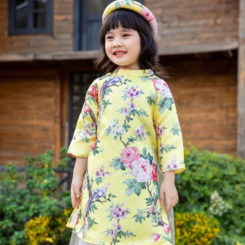 Áo dài bé gái sét áo kèm chân váy 2 lớp và mấn họa tiết hoa hải đường MamLa