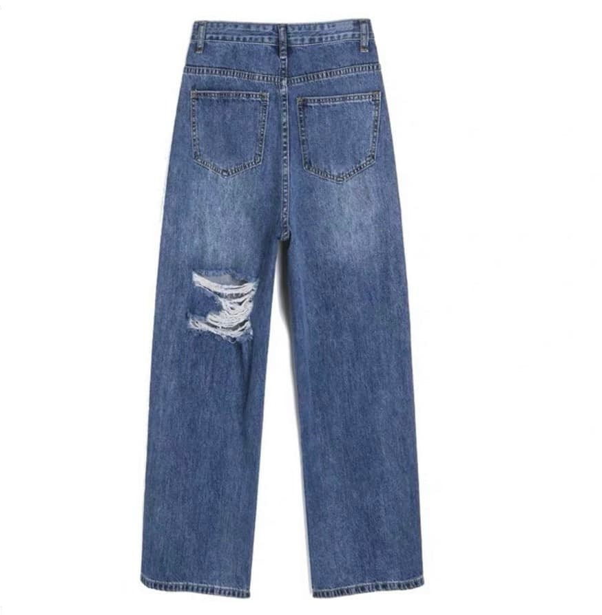 Quần baggy jean nữ rách gối trước và sau